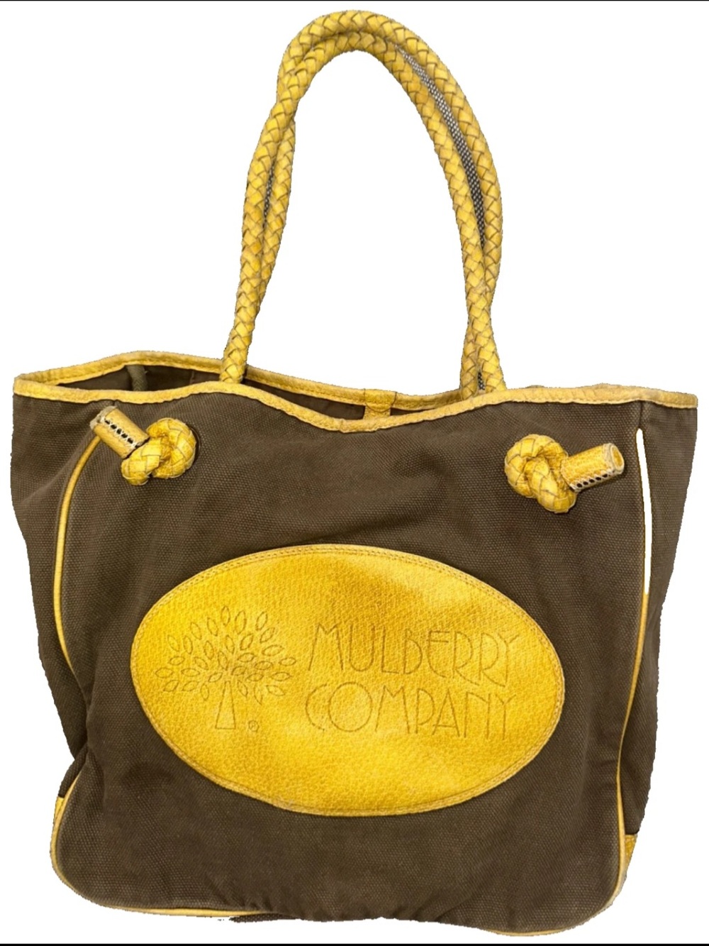 Mulberry Brown Canvas Tote with Yellow Trim and Handles